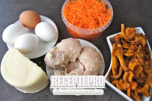 Салат «Лисья шубка» с курицей, грибами и корейской морковью - рецепт с фото